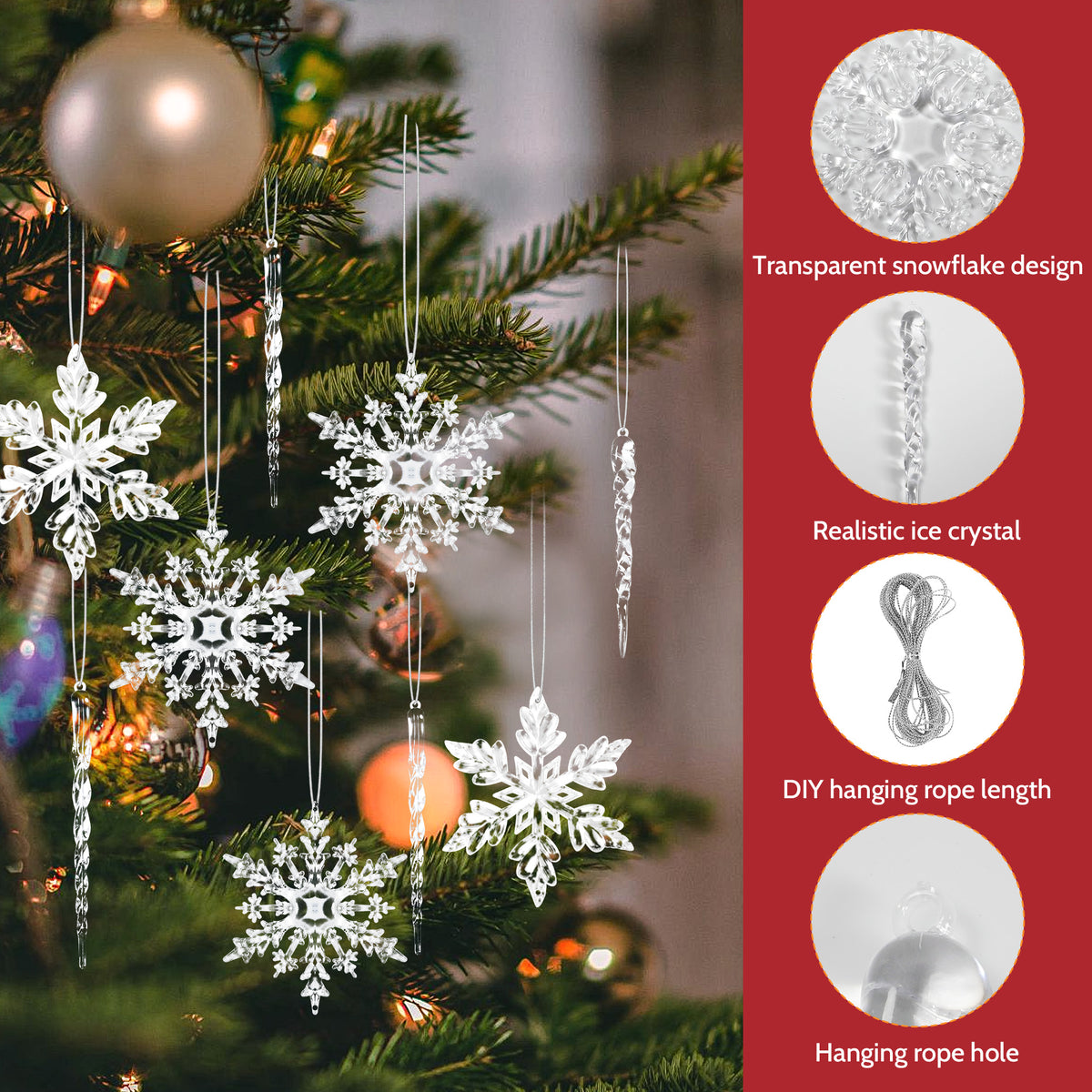 Yexmas 36 Pcs Christmas Tree Crystal Ornaments, Hanging Acrylic Navidad Snowflake Icicle Pendant Crystal Decorations for Holiday Decor, New Year Party