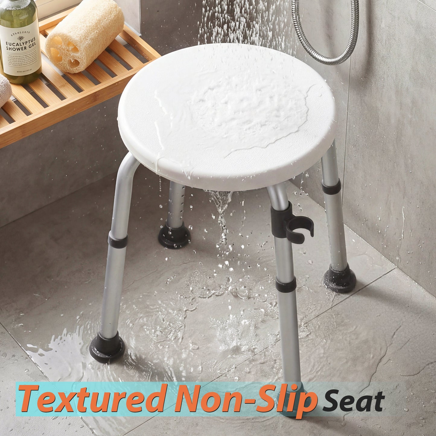 COSYWILL Round Shower Stool,Adjustable Shower Seat with Shower Head Holder, Aluminum Shower Chair for Seniors and Disabled,, 300 lbs