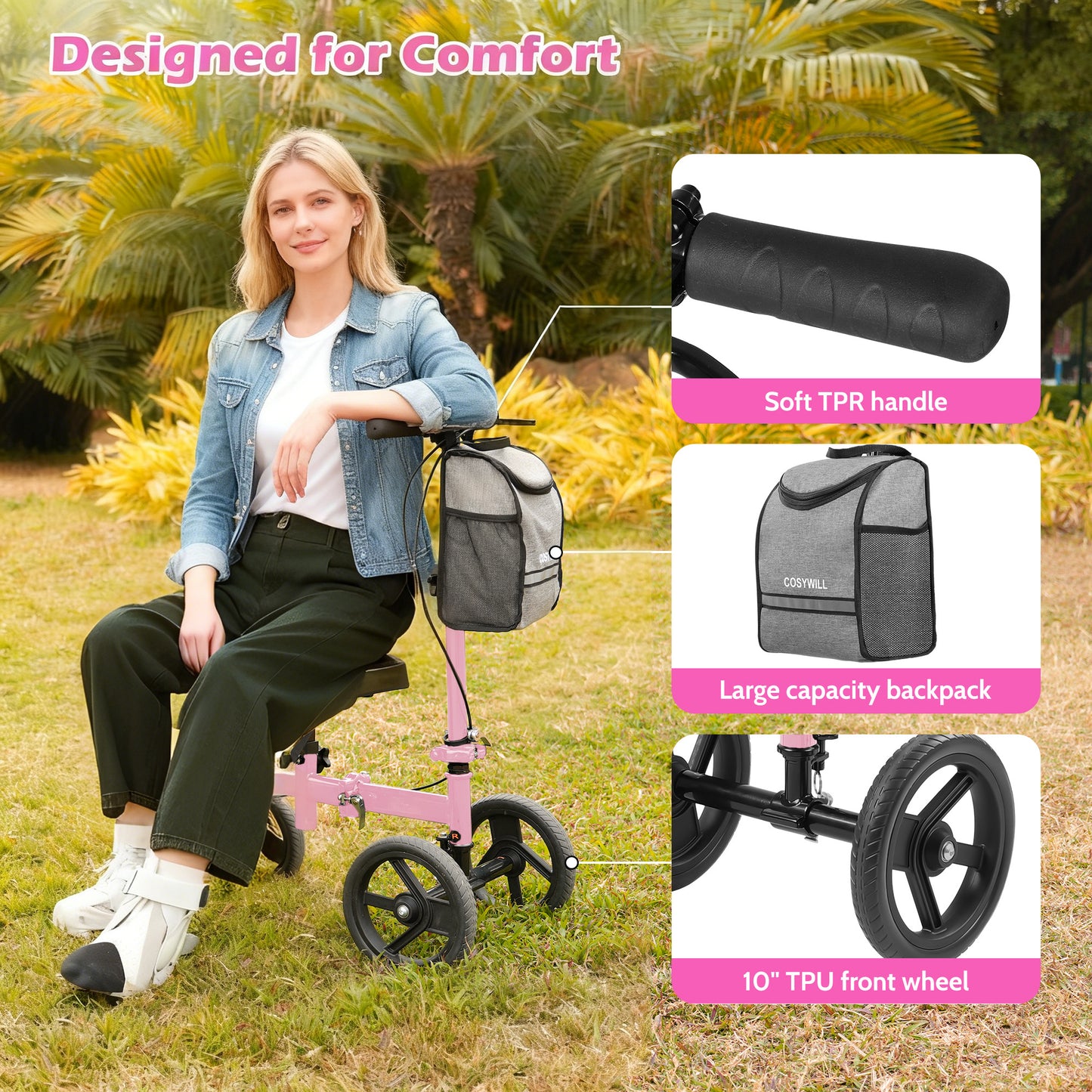 COSYWILL Steerable Knee Scooter,Knee Walker Scooter for Adults with 10" Front Wheels,Foldable Knee Scooter for Foot Surgery Crutches Alternative,Pink