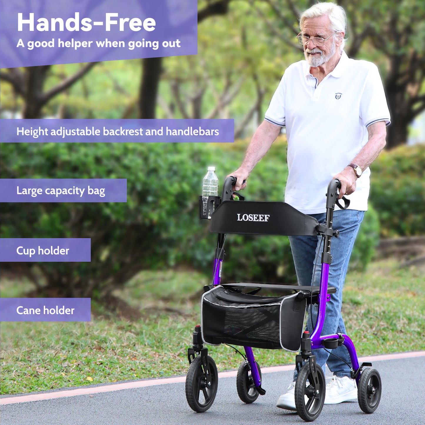 COSYWILL Rollator Walkers with Seat for Seniors, Foldable 10" Big Wheels All Terrain Rolling Walker,Adjustable Handles, Mobility Walker for Seniors,Purple