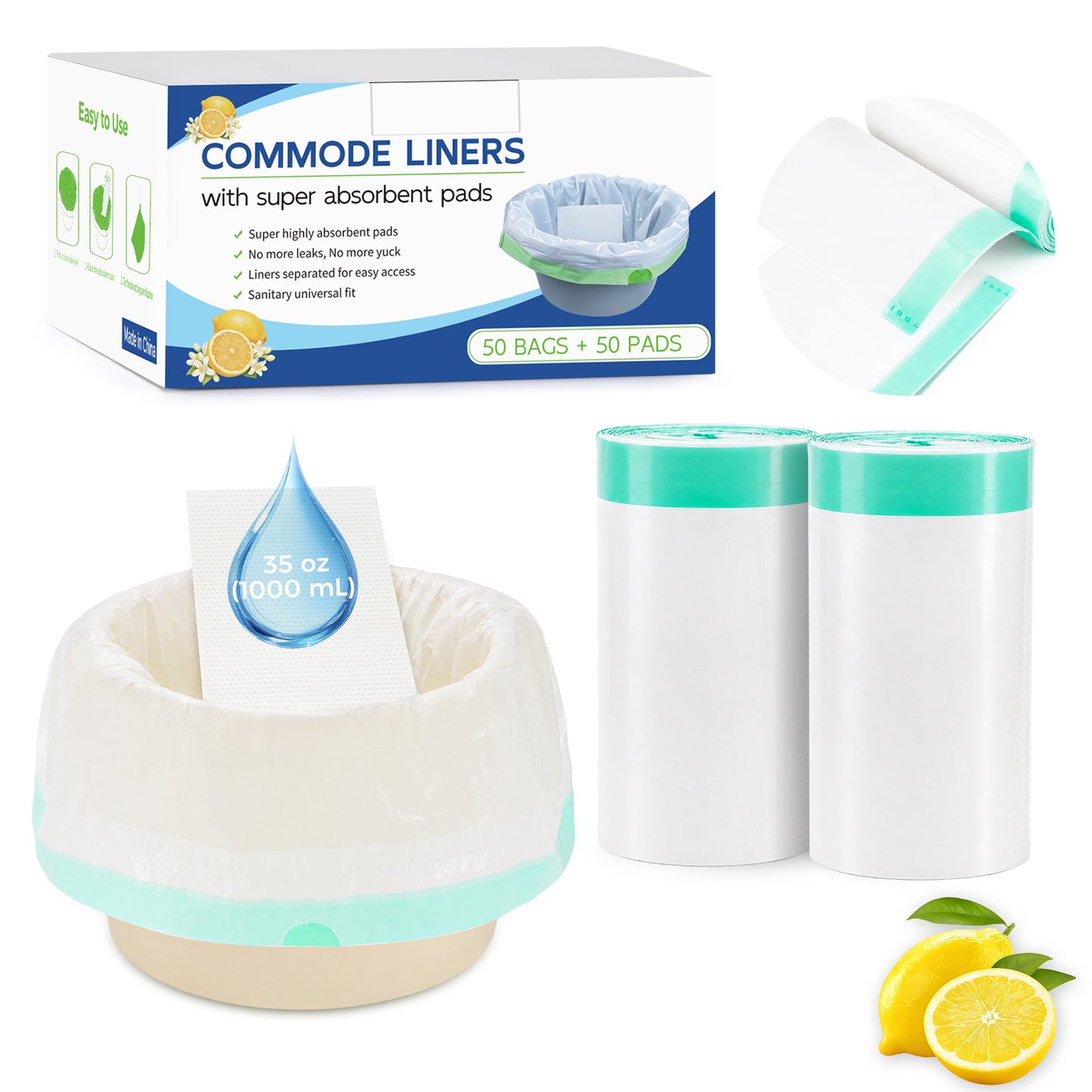 COSYWILL 100 Count Commode Liners with Absorbent Pads,Disposable Bedside Commode Bags,Leak-Proof Portable Toilet & Bedpan Liners,Lavender Scented