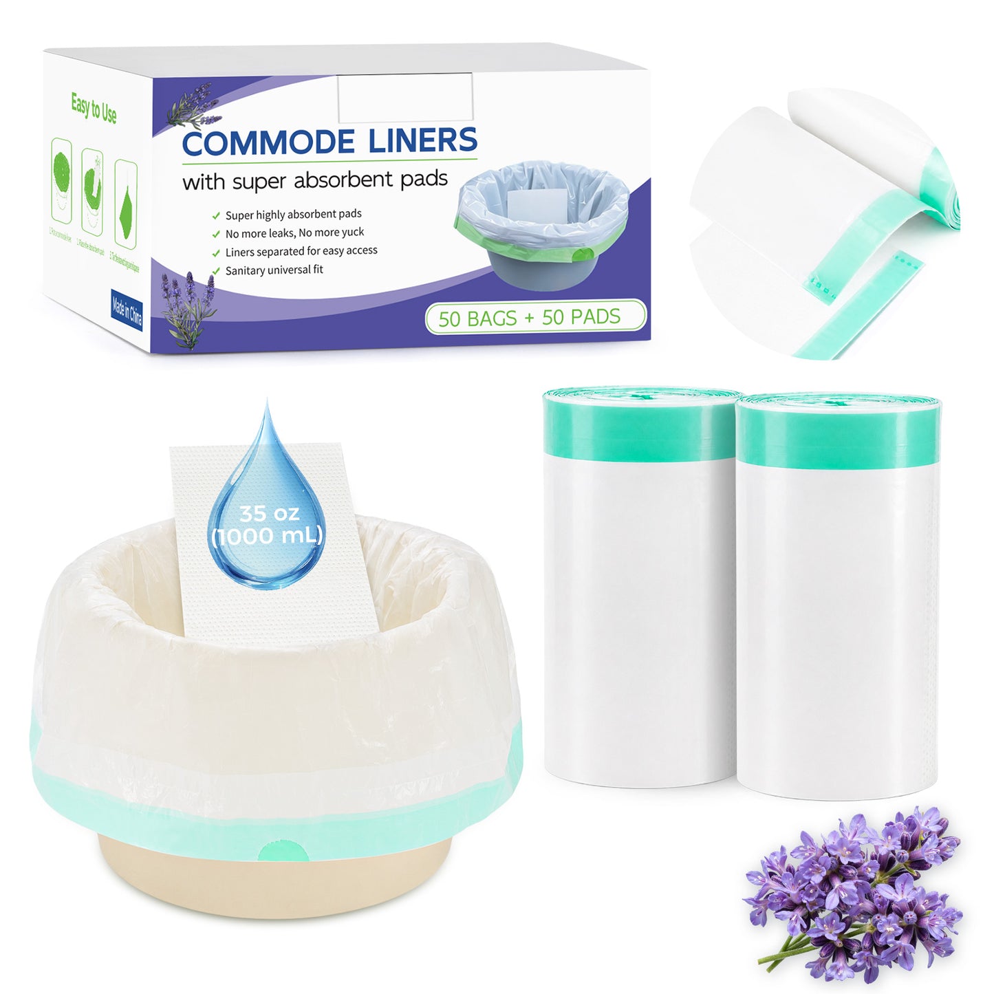 COSYWILL 100 Count Commode Liners with Absorbent Pads,Disposable Bedside Commode Bags,Leak-Proof Portable Toilet & Bedpan Liners,Lavender Scented