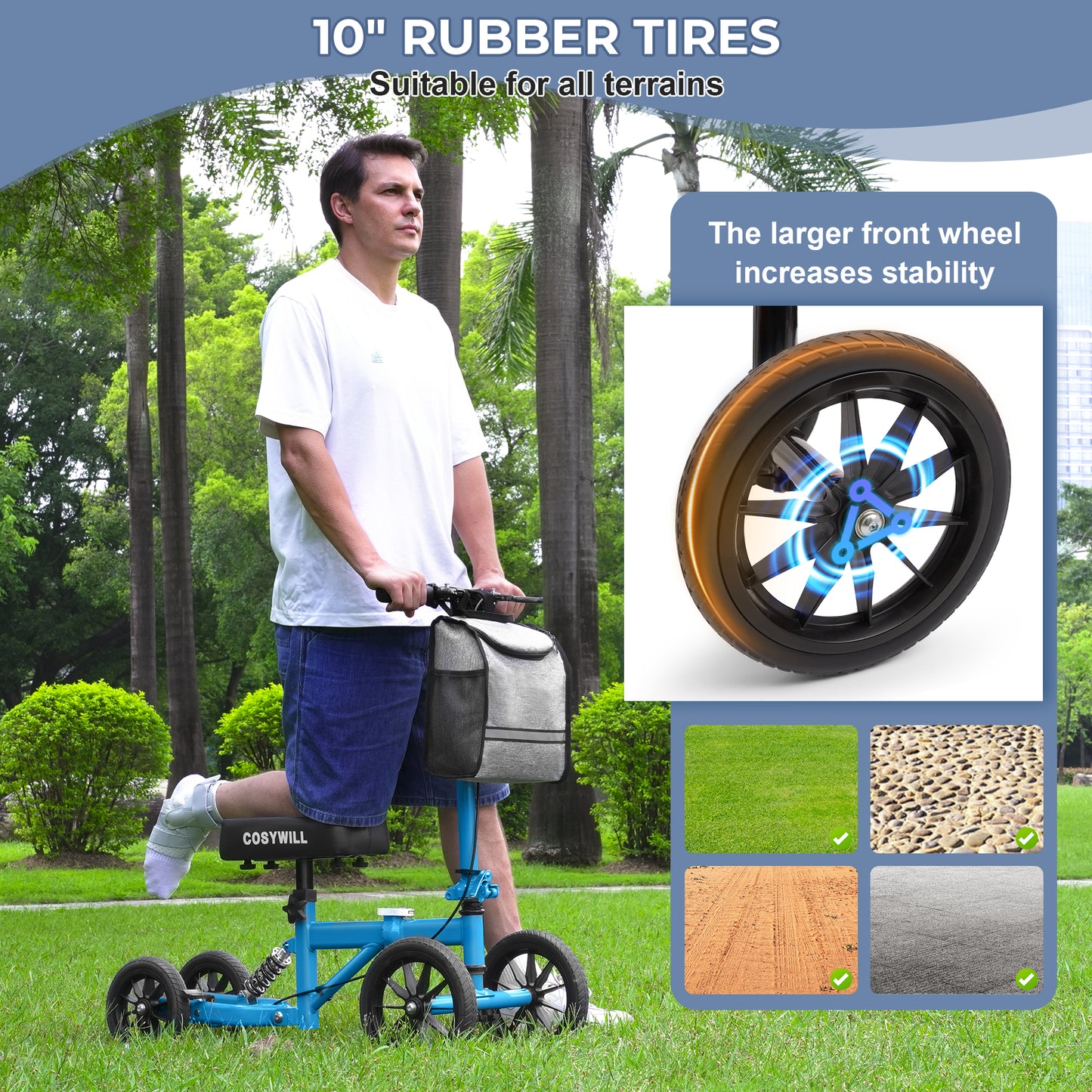 COSYWILL All Terrain Knee Scooter,Knee Walker Scooter for Foot Injuries,Adults Roller Scooter for with 10“ TPU Wheel,Compact Crutches Alternative,Light Blue