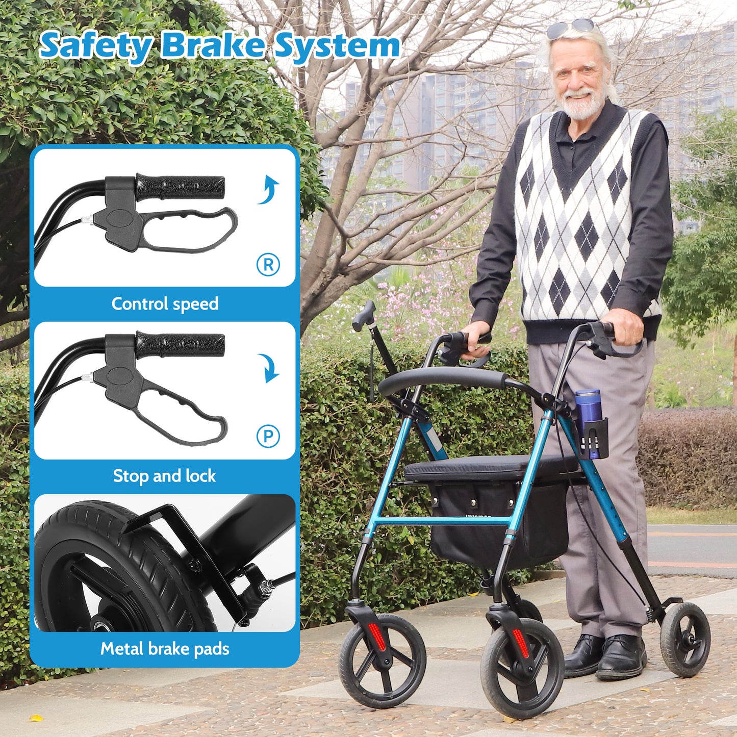 COSYWILL Rollator Walker with Seat,Foldable Walkers for Seniors,Mobility Walkers with 10'' Big Wheels,Adjustable Handles and Seat Height, Red