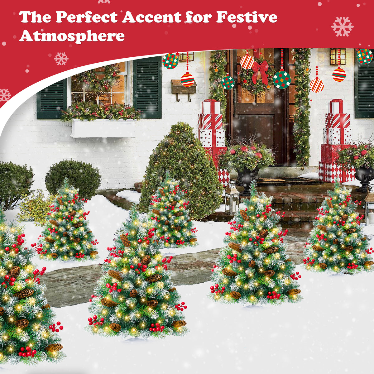 Yexmas 2PCS Small Outdoor Christmas Trees with LED Lights,30" Artificial Xmas Decora for Porch,Yard,Pathway,Garden,Mixed Green PVC
