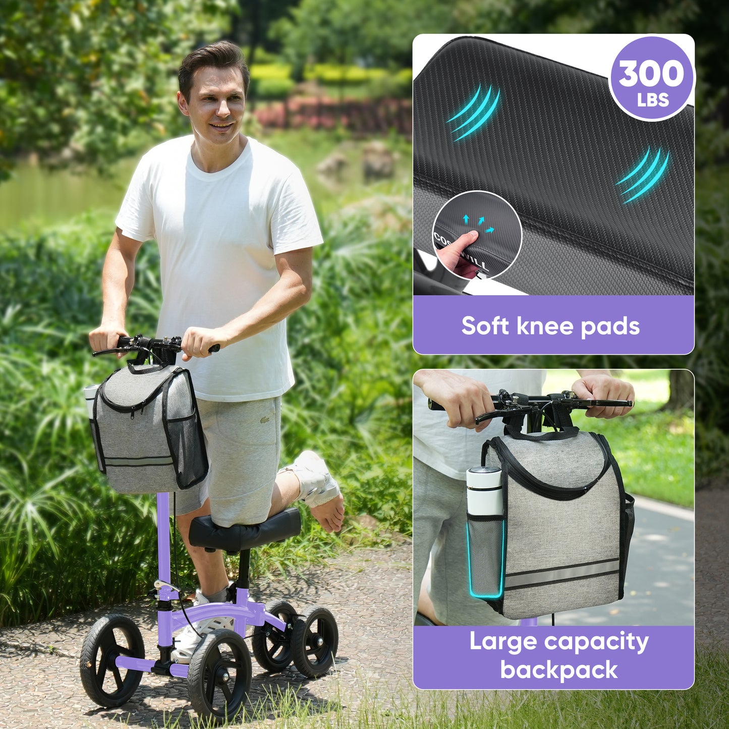 COSYWILL Steerable Knee Scooter,Economy Knee Walker,All Terrain Foldable Medical Scooter for Foot Injuries Crutches Alternative,Purple