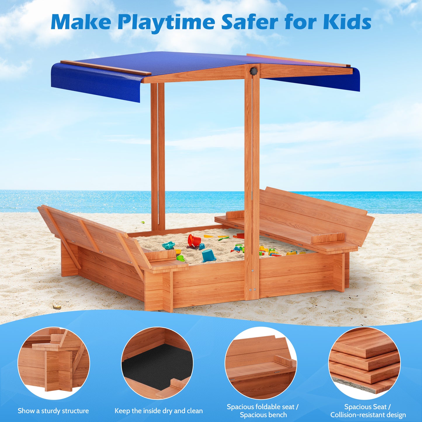 YOUPINS 48" Wooden Sandbox with Lid, Outdoor Large Kids Sandbox with Seat,for Yard Lawn Garden