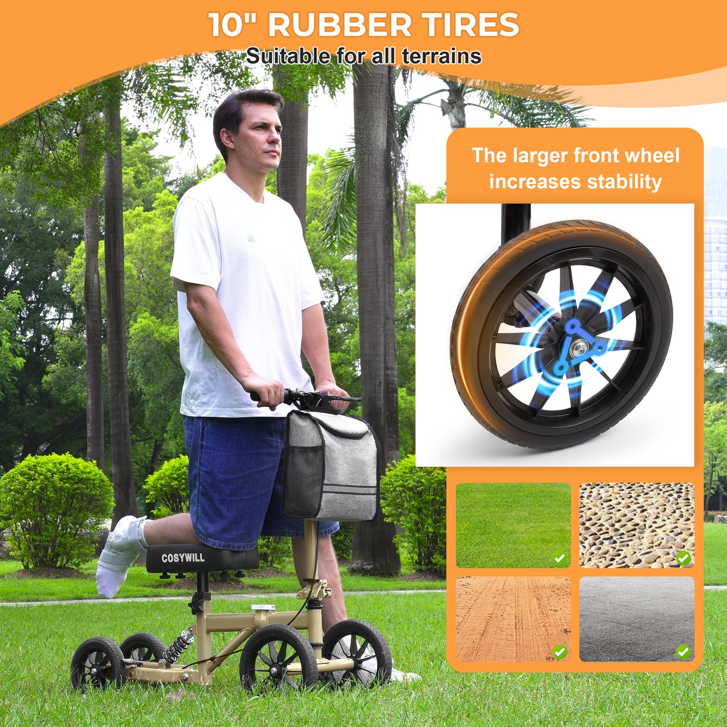 COSYWILL All Terrain Knee Scooter,Knee Walker Scooter for Foot Injuries,Adults Roller Scooter for with 10“ TPU Wheel,Compact Crutches Alternative,Champagne Gold