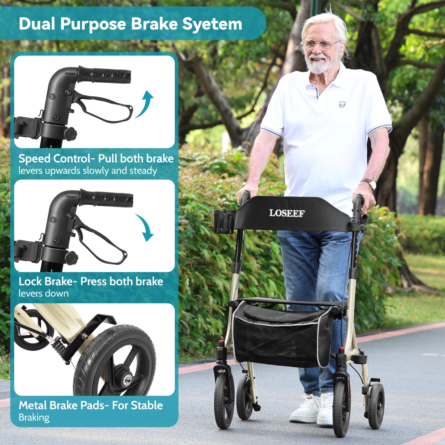 COSYWILL Walker with Seat,Foldable Rollator Walker,10" Wheels,Height Adjustable,Removable Back Support, 300 lbs,Champagne