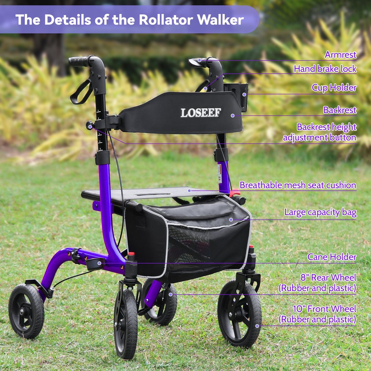 COSYWILL Rollator Walkers with Seat for Seniors, Foldable 10" Big Wheels All Terrain Rolling Walker,Adjustable Handles, Mobility Walker for Seniors,Purple