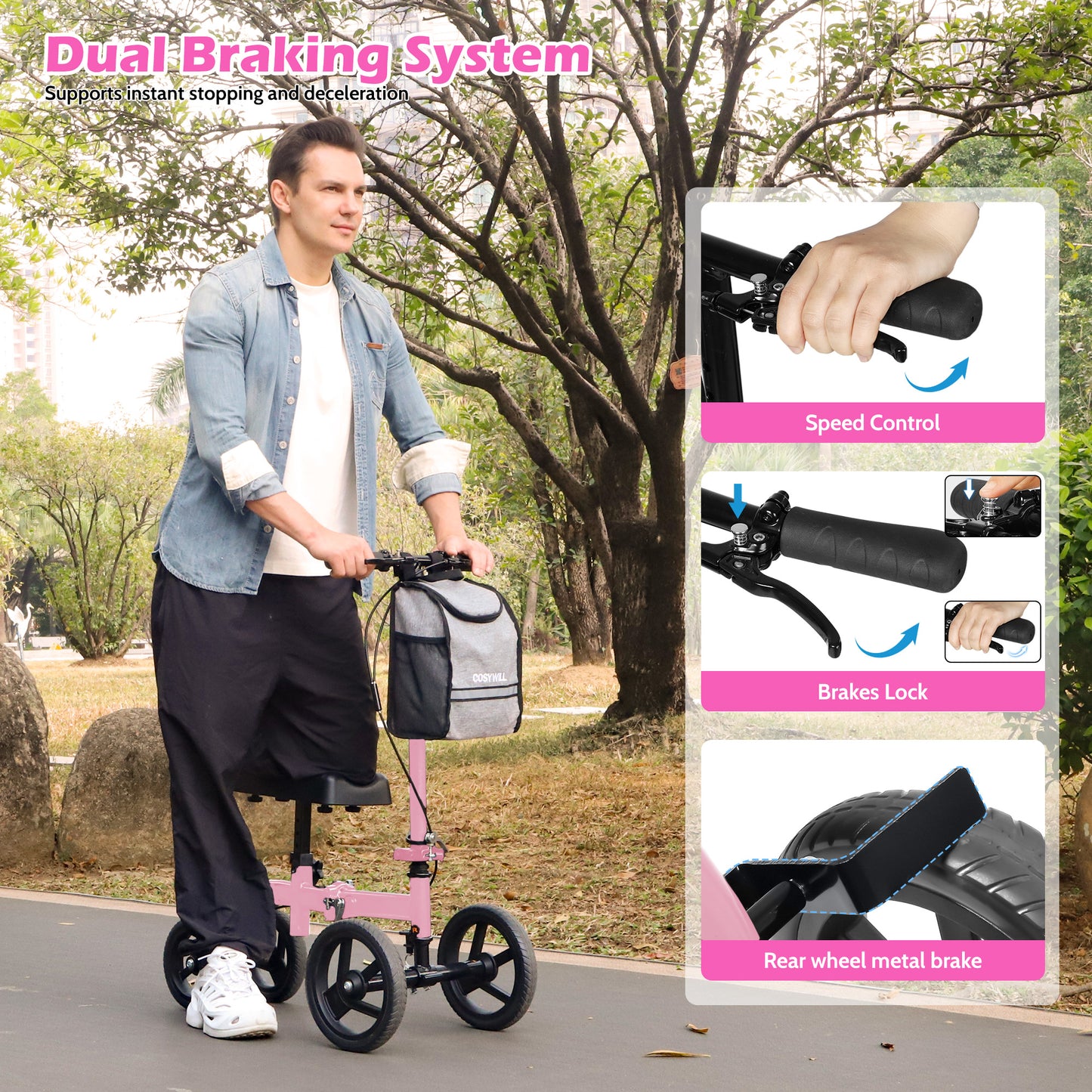 COSYWILL Steerable Knee Scooter,Knee Walker Scooter for Adults with 10" Front Wheels,Foldable Knee Scooter for Foot Surgery Crutches Alternative,Pink