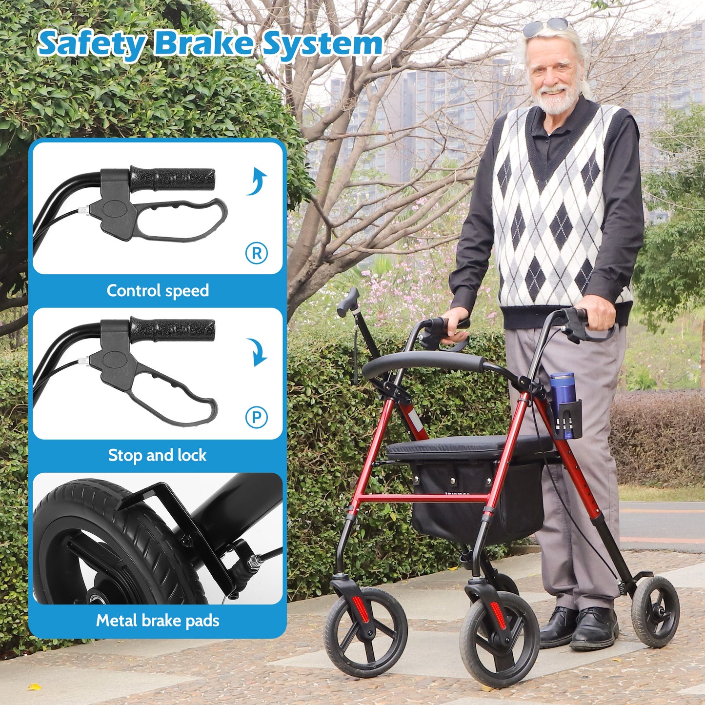 COSYWILL Rollator Walker with Seat,Foldable Walkers for Seniors,Mobility Walkers with 10'' Big Wheels,Adjustable Handles and Seat Height, Red