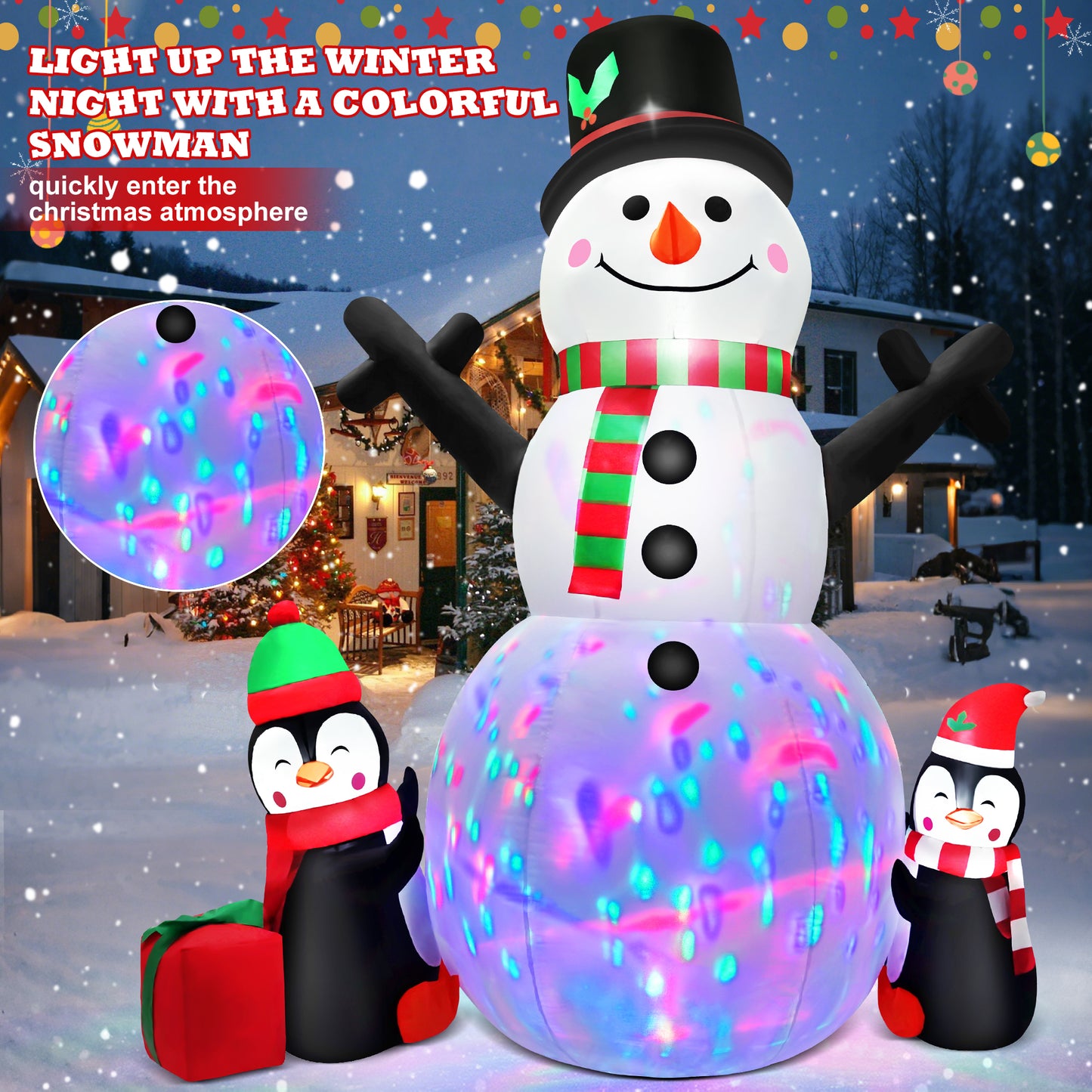IZNEN 6FT Christmas Snowman Inflatables,Outdoor Snowman Decor with Penguins & Gift Boxes,Xmas Blow Up Yard Inflatables for Party Indoor Garden Lawn Decor