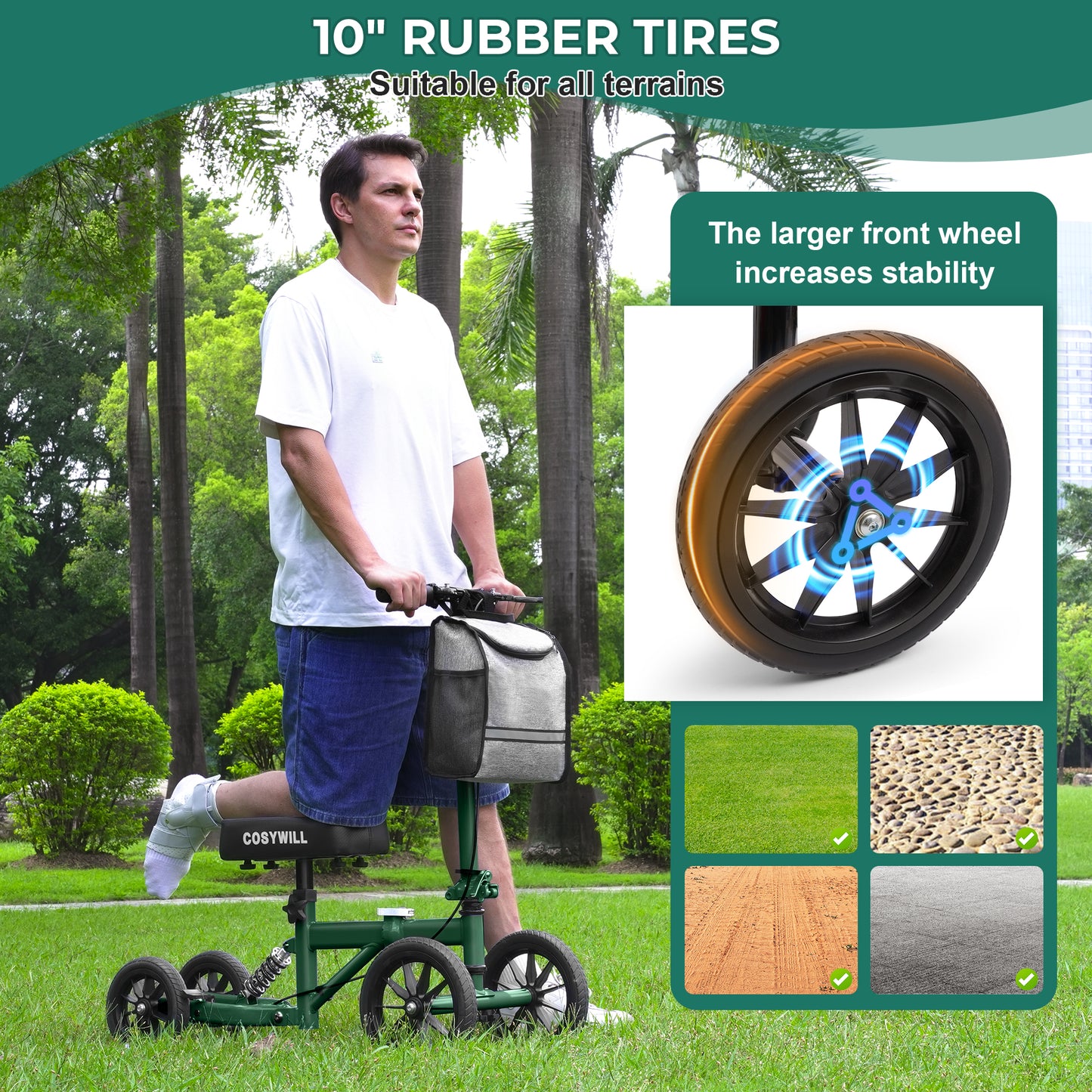 COSYWILL All Terrain Knee Scooter,Knee Walker Scooter for Foot Injuries,Adults Roller Scooter for with 10“ TPU Wheel,Compact Crutches Alternative,Green