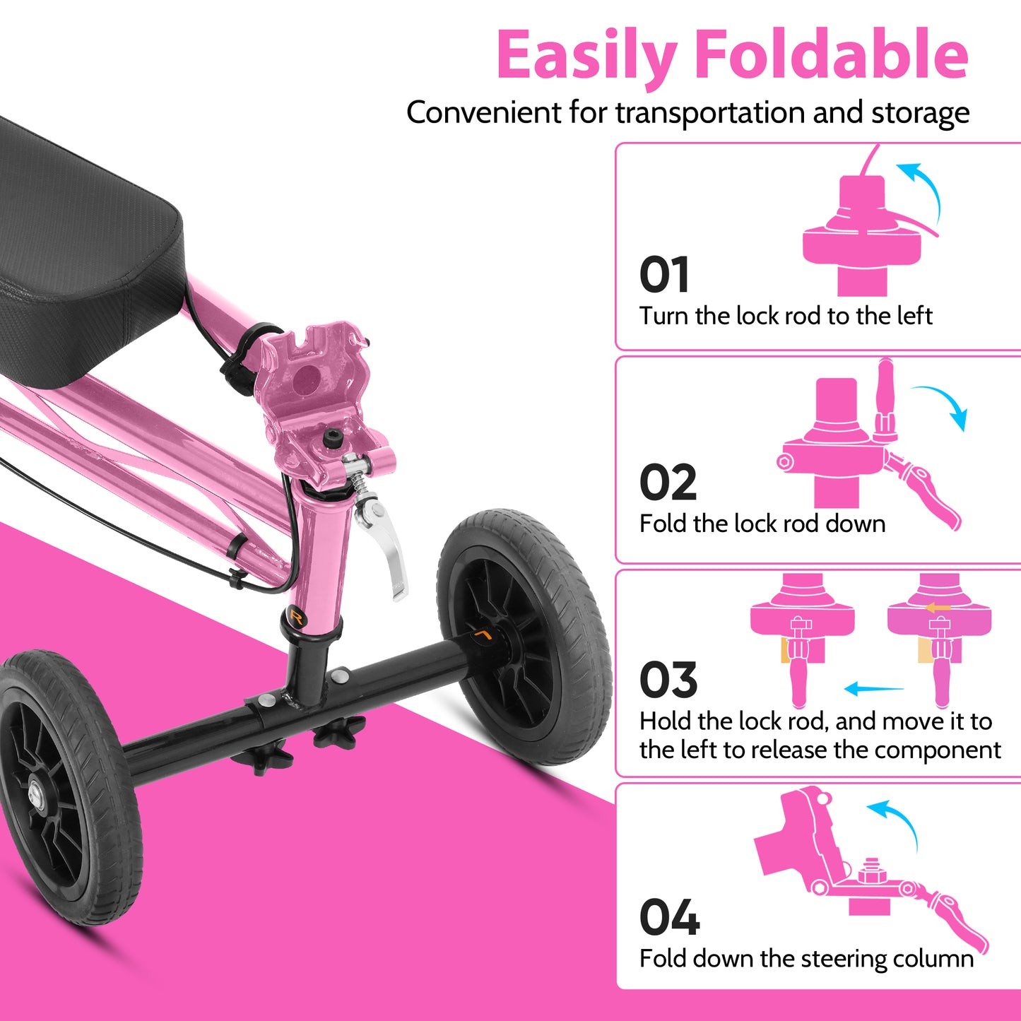 COSYWILL Knee Scooter,Economy Knee Walker with Dual Braking System,Foldable Scooter for Foot Injuries,Compact Crutches Alternative,Pink