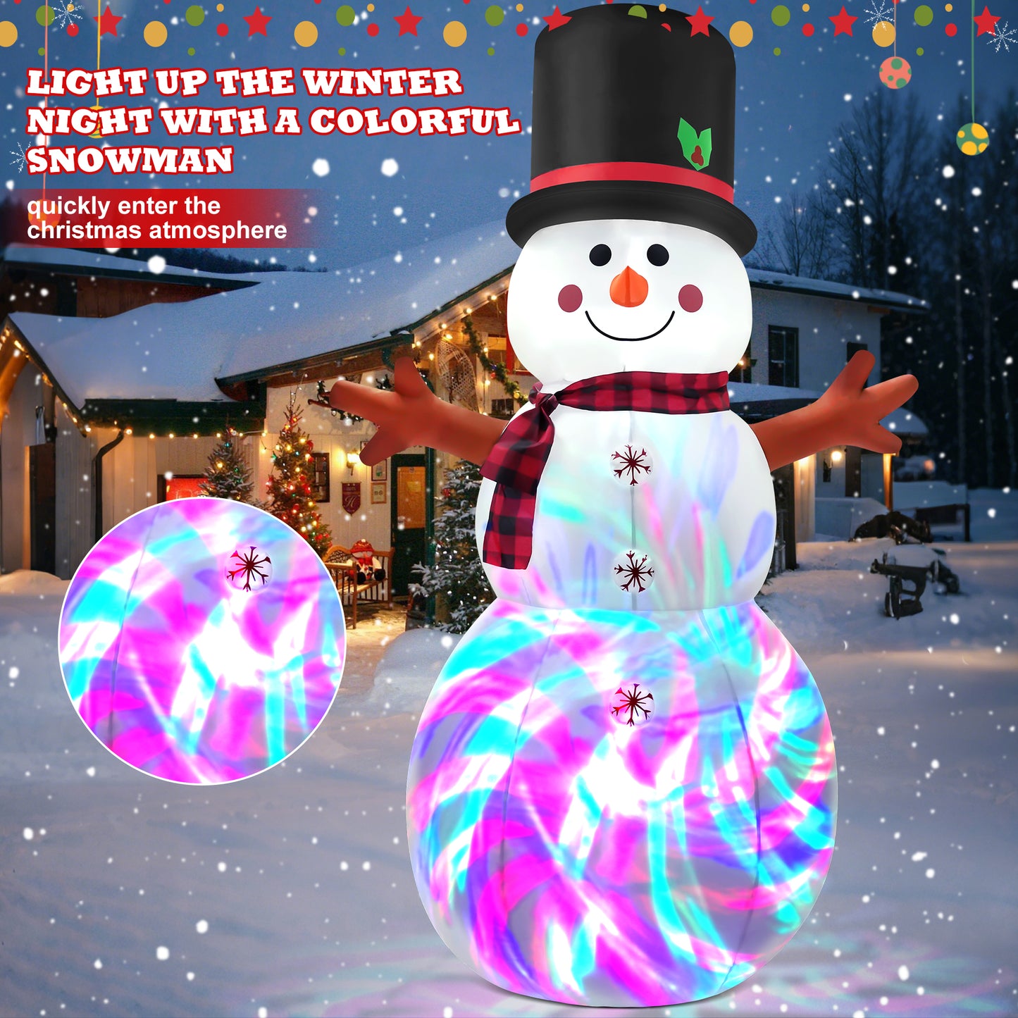 IZNEN 6FT Christmas Inflatable Outdoor Decoration Snowman, Built-in Rotating Disco Light,Blow Up Snow Man Wear Magic Hat Yard Decor for Xmas Holiday Lawn Yard Garden