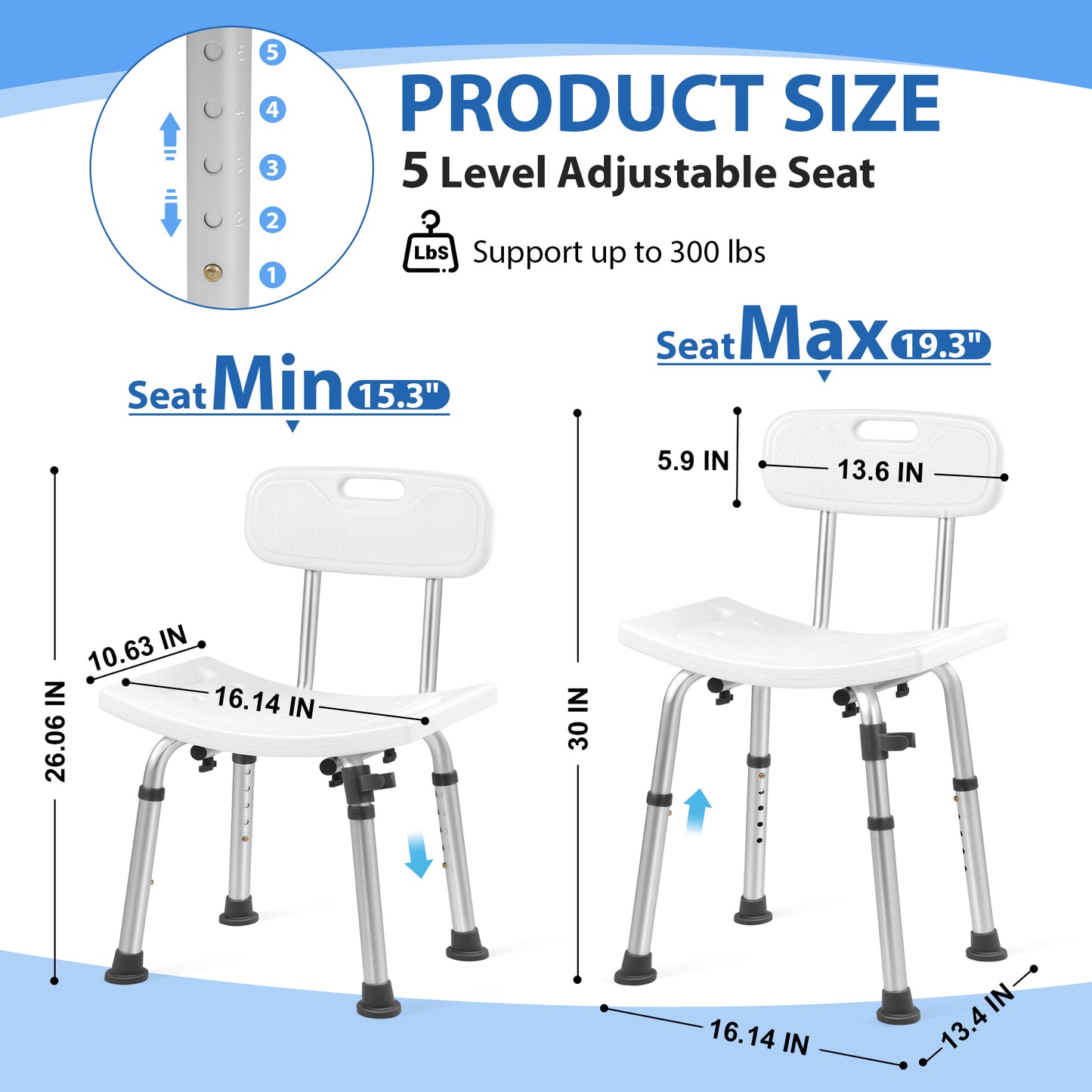 MoveEase Shower Chair with Back, Height Adjustable Bath Seat, Non-Slip Bathroom Stool for Bathtub and Shower, Supportive Mobility Aid