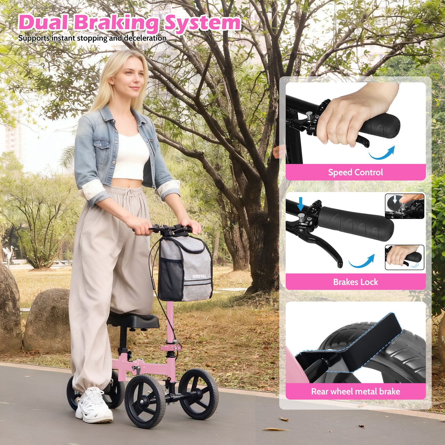 COSYWILL Steerable Knee Scooter,Knee Walker Scooter for Adults with 10" Front Wheels,Foldable Knee Scooter for Foot Surgery Crutches Alternative,Pink