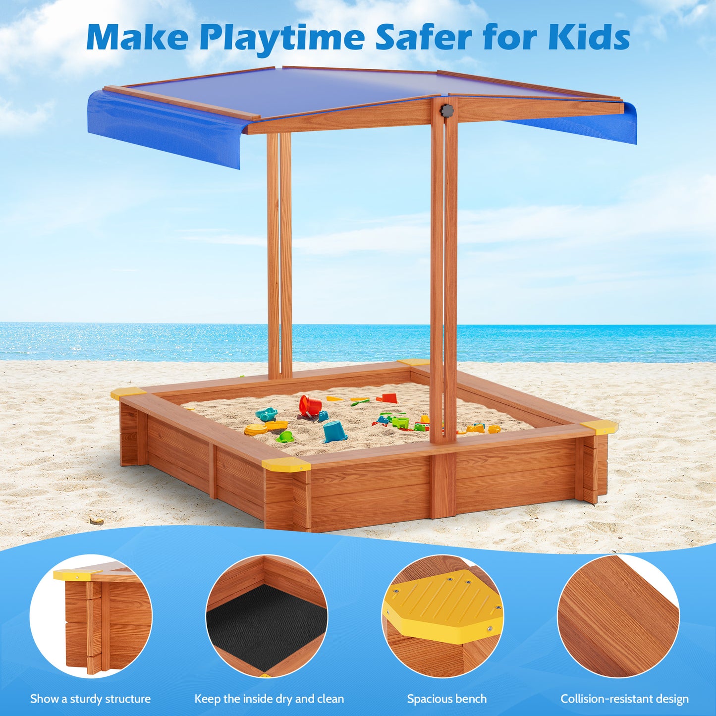 YOUPINS 48" Wooden Sandbox with Lid, Outdoor Large Kids Sandbox with Seat,for Yard Lawn Garden