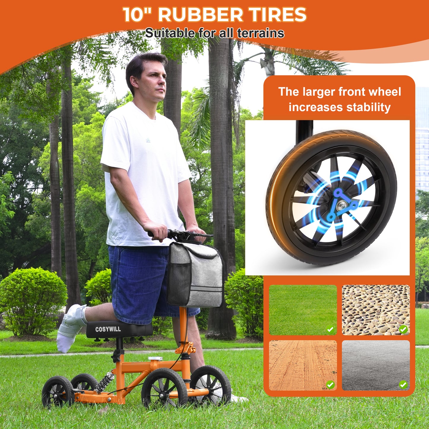 COSYWILL All Terrain Knee Scooter,Knee Walker Scooter for Foot Injuries,Adults Roller Scooter for with 10“ TPU Wheel,Compact Crutches Alternative,Orange