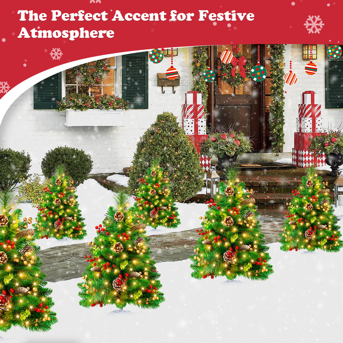 Yexmas 2PCS Small Outdoor Christmas Trees with LED Lights,30" Artificial Xmas Decora for Porch,Yard,Pathway,Garden,PVC+Pine Needles