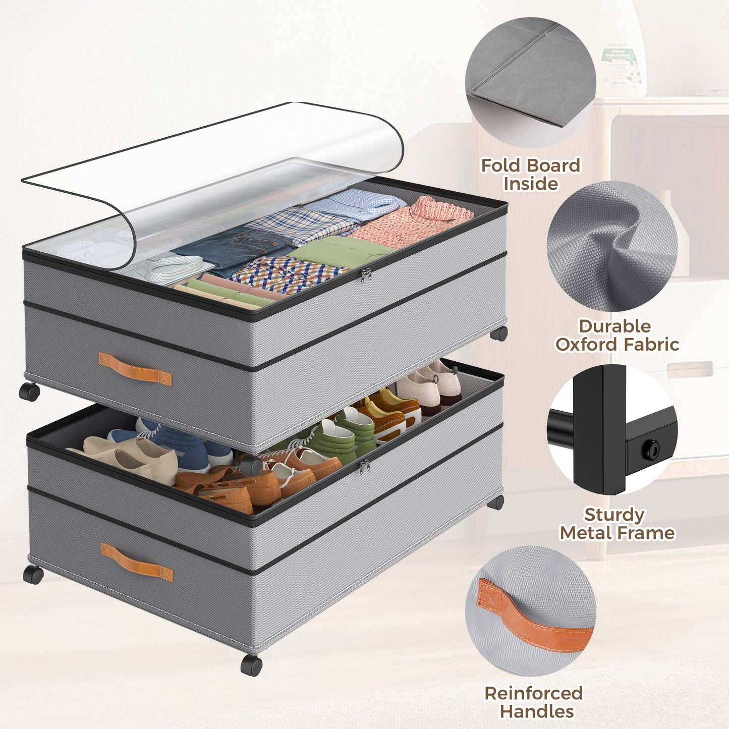 YOUPINS XXXL 100L Under Bed Storage with Wheels,2 Pack Under Bed Storage Containers,Storage Bins with Lids for Clothes Shoes Blankets,Gray