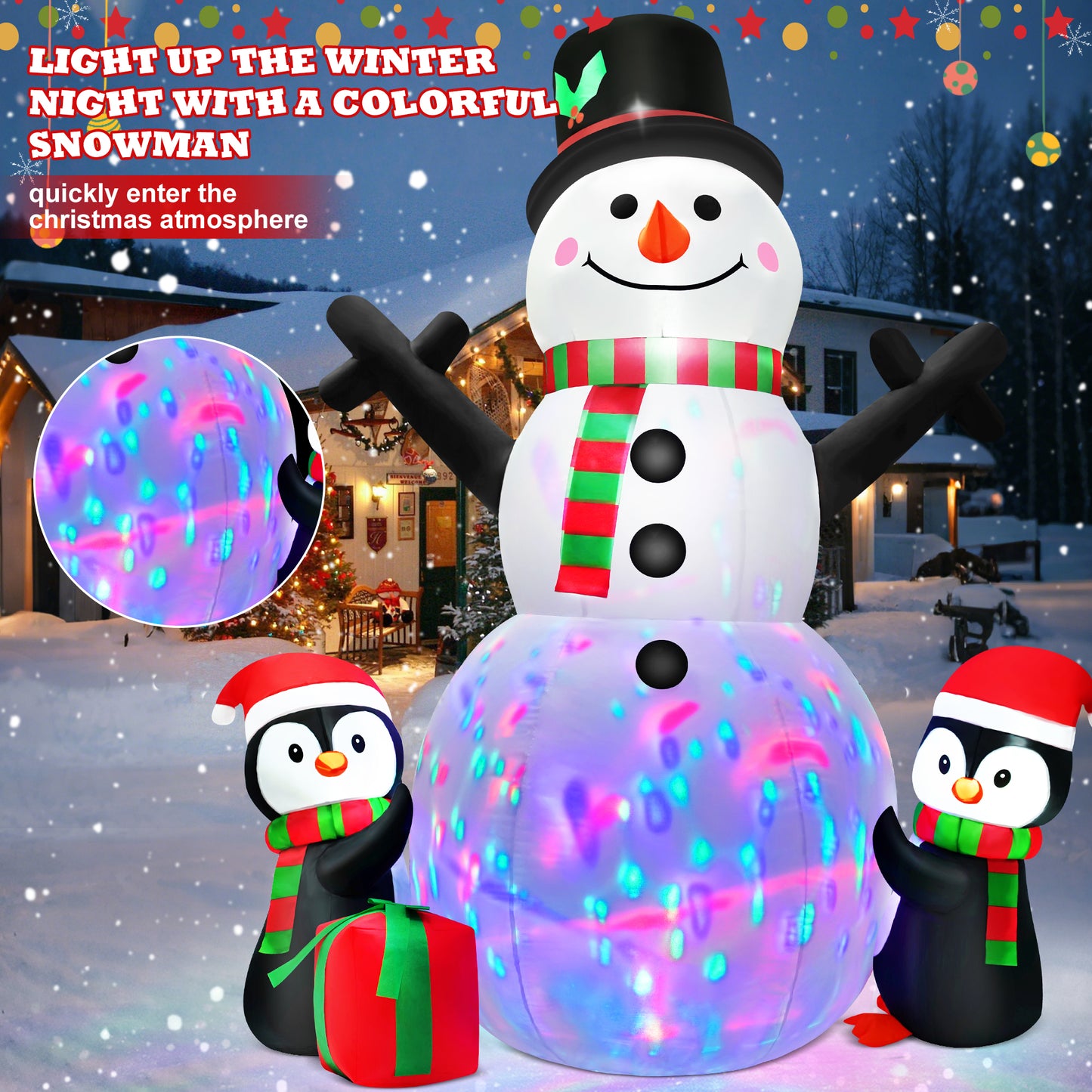 Yexmas 6FT Christmas Snowman Inflatables,Outdoor Snowman Decor with Penguins & Gift Boxes,Xmas Blow Up Yard Inflatables for Party Indoor Garden Lawn Decor