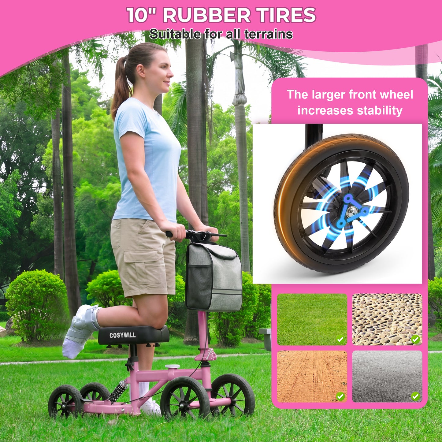 COSYWILL All Terrain Knee Scooter,Knee Walker Scooter for Foot Injuries,Adults Roller Scooter for with 10“ TPU Wheel,Compact Crutches Alternative,Pink