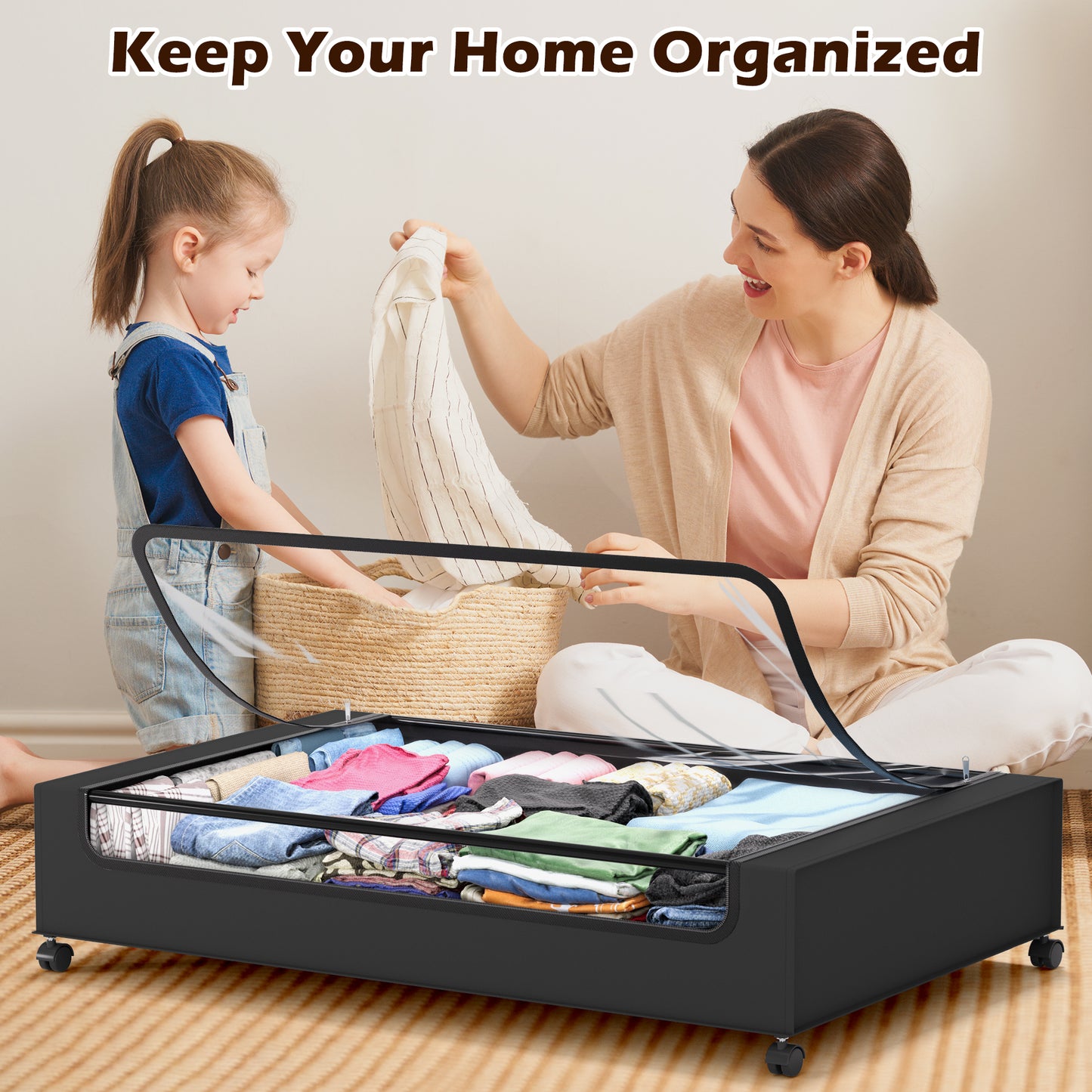 YOUPINS 2 Pack Rolling Under Bed Storage Containers Bin with Wheels, Gray