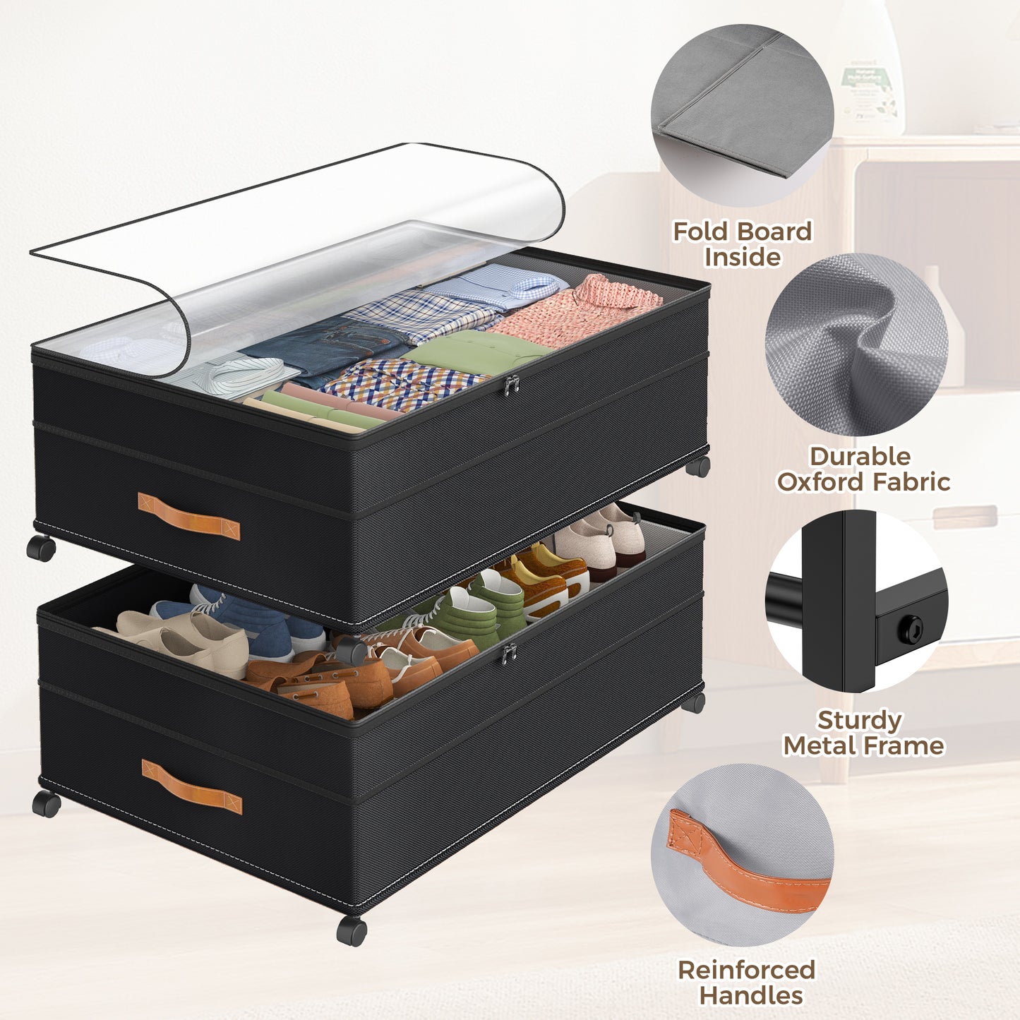 YOUPINS XXXL 100L Under Bed Storage with Wheels,2 Pack Under Bed Storage Containers,Storage Bins with Lids for Clothes Shoes Blankets,Black