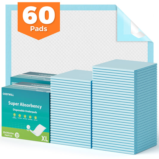 COSYWILL Bed Pads,30'' x 36'' Incontinence Bed Pads for Adults, Disposable Underpads with Adhesive Strip,60 Count