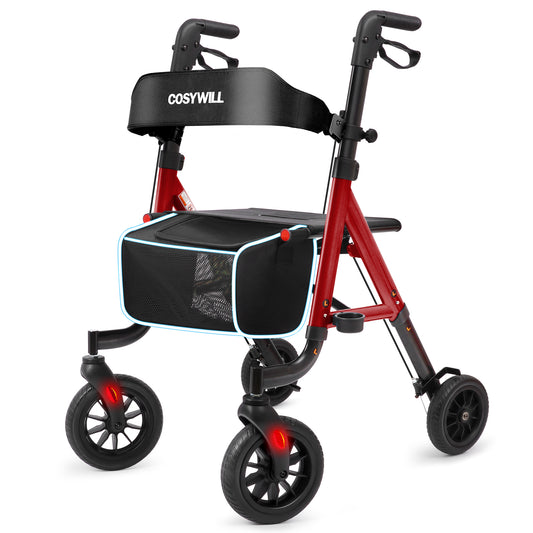 COSYWILL Aluminum Rollator Walker with Seat,Height Adjustable Mobility Walker with 8" Wheels,350 lb Weight Capacity,Red