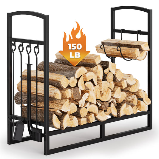 Lookfly Firewood Rack with 5-Piece Fireplace Tool Set & Kindling Holder – Indoor/Outdoor Wood Storage & Organizer for Fire Pit or Fireplace
