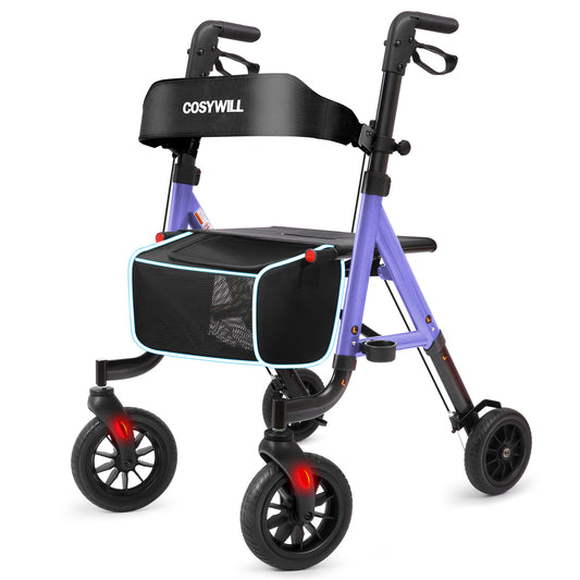 COSYWILL Aluminum Rollator Walker with Seat,Height Adjustable Mobility Walker with 8" Wheels,350 lb Weight Capacity,Purple