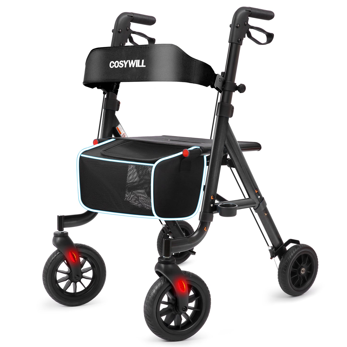 COSYWILL Aluminum Rollator Walker with Seat,Height Adjustable Mobility Walker with 8" Wheels,350 lb Weight Capacity,Black