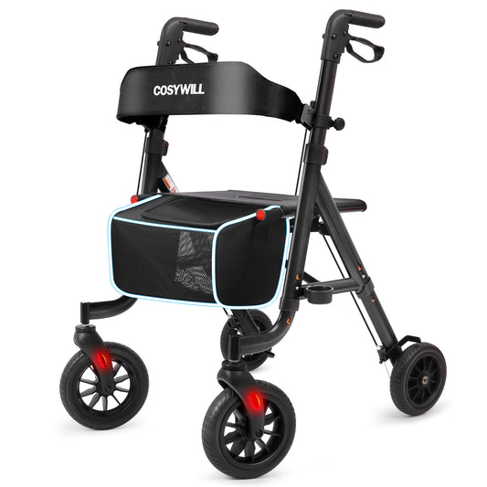 COSYWILL Aluminum Rollator Walker with Seat,Height Adjustable Mobility Walker with 8" Wheels,350 lb Weight Capacity,Black