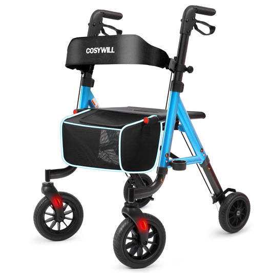 COSYWILL Aluminum Rollator Walker with Seat,Height Adjustable Mobility Walker with 8" Wheels,350 lb Weight Capacity,Blue