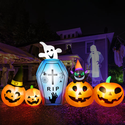 IZNEN 9.5ft Halloween Inflatable Pumpkins Outdoor Decor with Black Cat Tombstone and Spectre,Built-in LED Lights,for Halloween Party,Yard,Garden,Lawn
