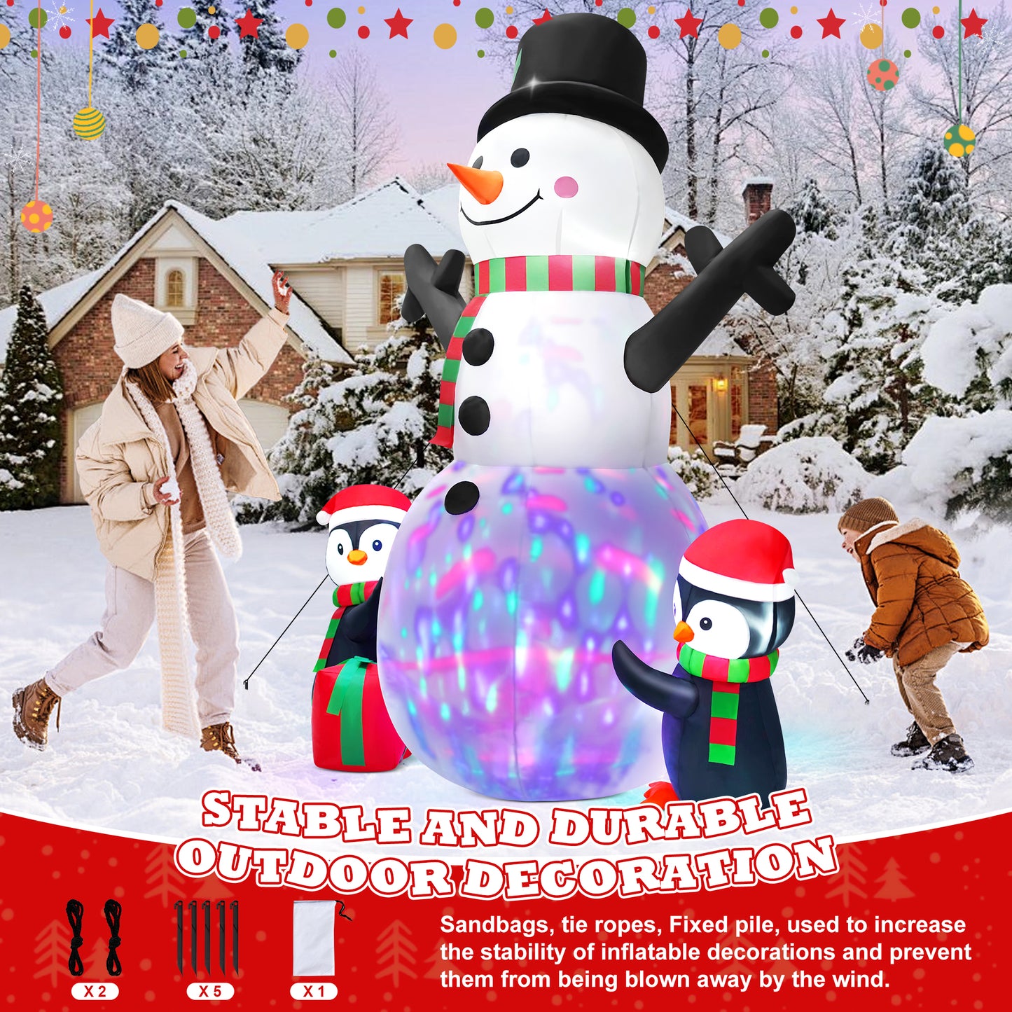 Yexmas 6FT Christmas Snowman Inflatables,Outdoor Snowman Decor with Penguins & Gift Boxes,Xmas Blow Up Yard Inflatables for Party Indoor Garden Lawn Decor