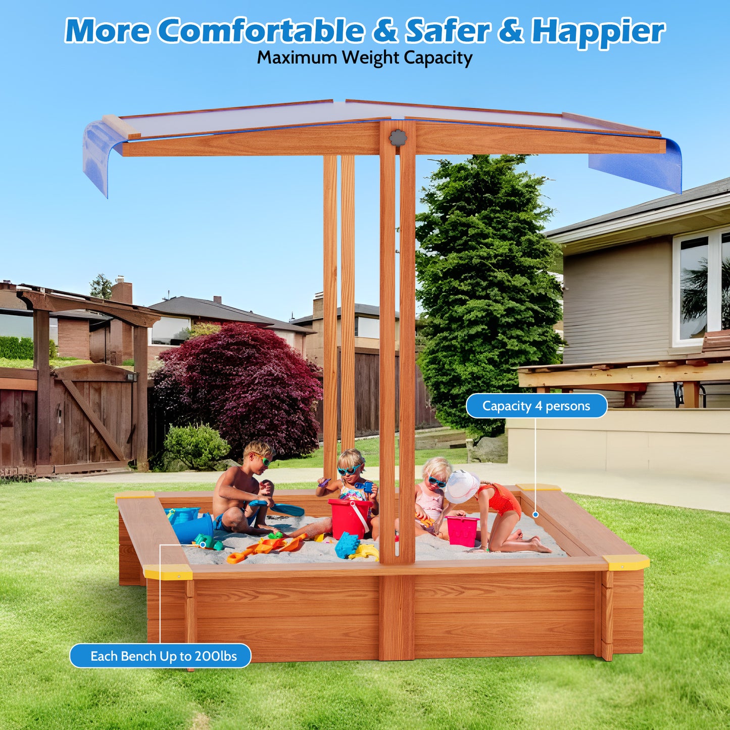 YOUPINS 48" Wooden Sandbox with Lid, Outdoor Large Kids Sandbox with Seat,for Yard Lawn Garden