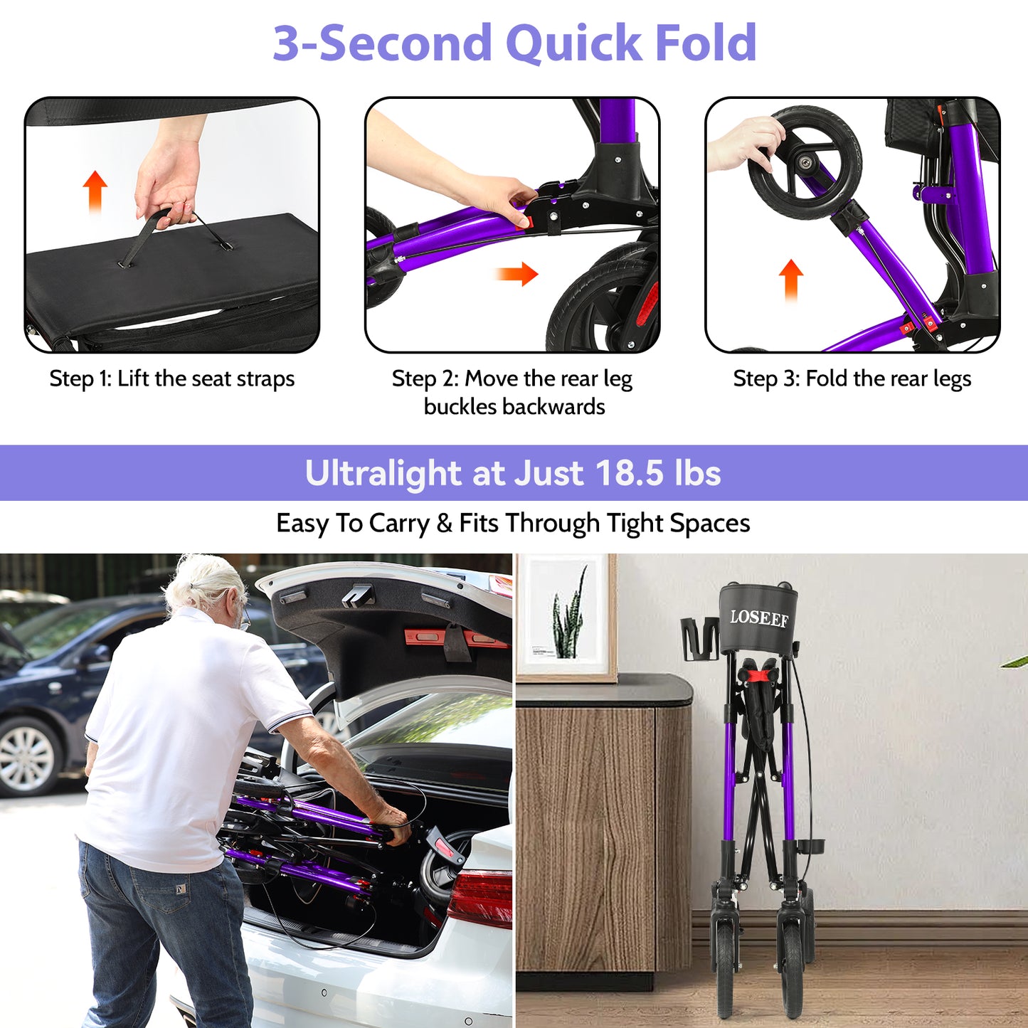 COSYWILL Walkers for Seniors,Foldable Rollator Walker with Seat,Mobility Walkers with 10" Big Wheels, Adjustable Handles and Backrest Height,Purple