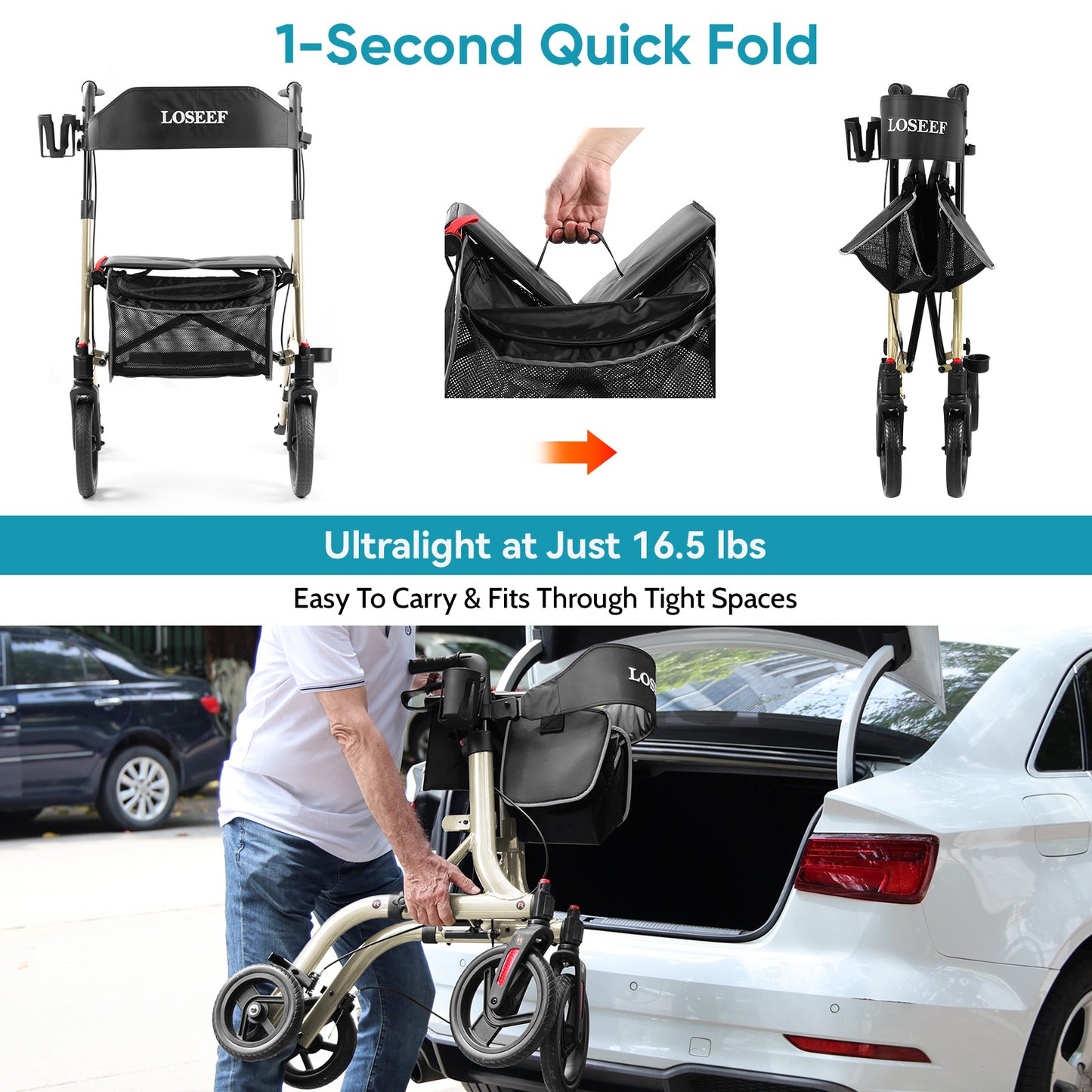 COSYWILL Walker with Seat,Foldable Rollator Walker,10" Wheels,Height Adjustable,Removable Back Support, 300 lbs,Champagne