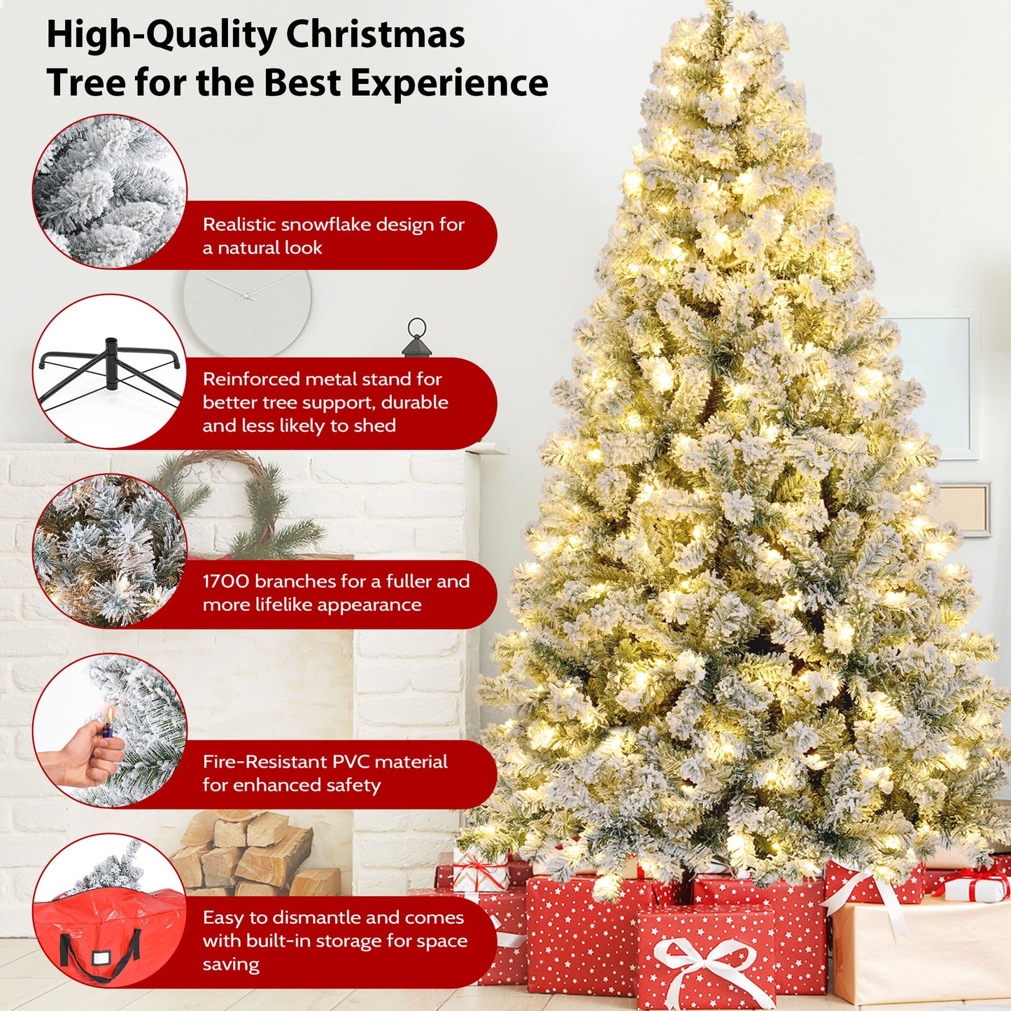 IZNEN 9ft Pre-Lit Snowflake Flocked Christmas Tree,8 Modes LED Lights,Artificial Xmas Tree with Storage Bag