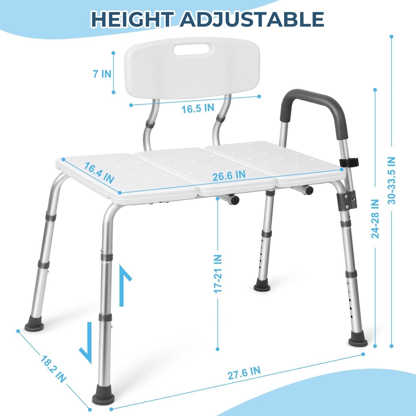 COSYWILL Transfer Bench for Bathtubs and Showers, Adjustable Shower Chair with Backrest ,Slip-Resistant, 400 lb. Weight Capacity,White