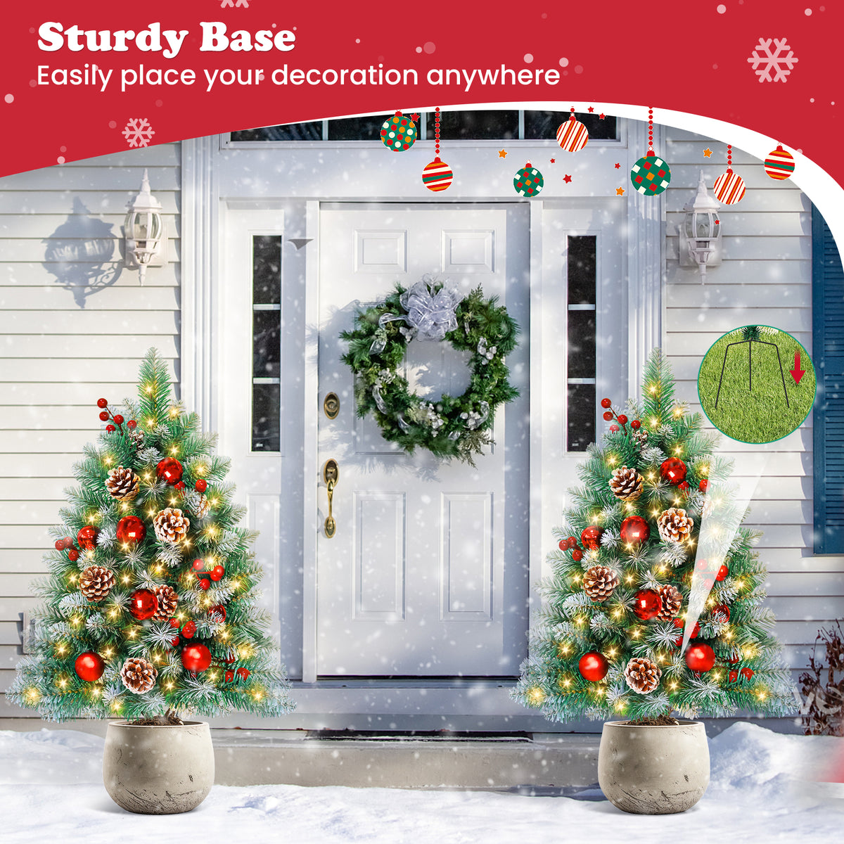 Yexmas 2PCS Small Outdoor Christmas Trees with LED Lights,30" Artificial Xmas Decora for Porch,Yard,Pathway,Garden,PVC