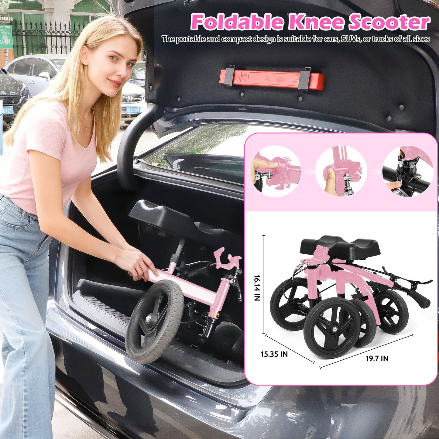 COSYWILL Steerable Knee Scooter,Knee Walker Scooter for Adults with 10" Front Wheels,Foldable Knee Scooter for Foot Surgery Crutches Alternative,Pink