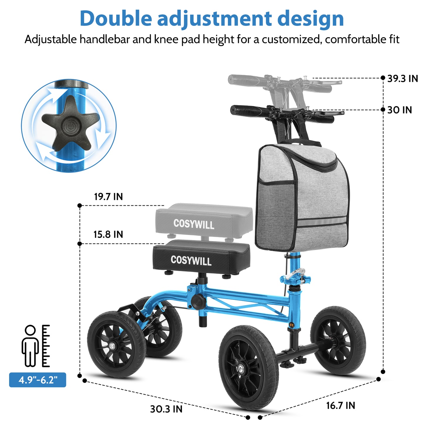 COSYWILL Knee Scooter,Economy Knee Walker with Dual Braking System,Foldable Scooter for Foot Injuries,Compact Crutches Alternative,Light Blue