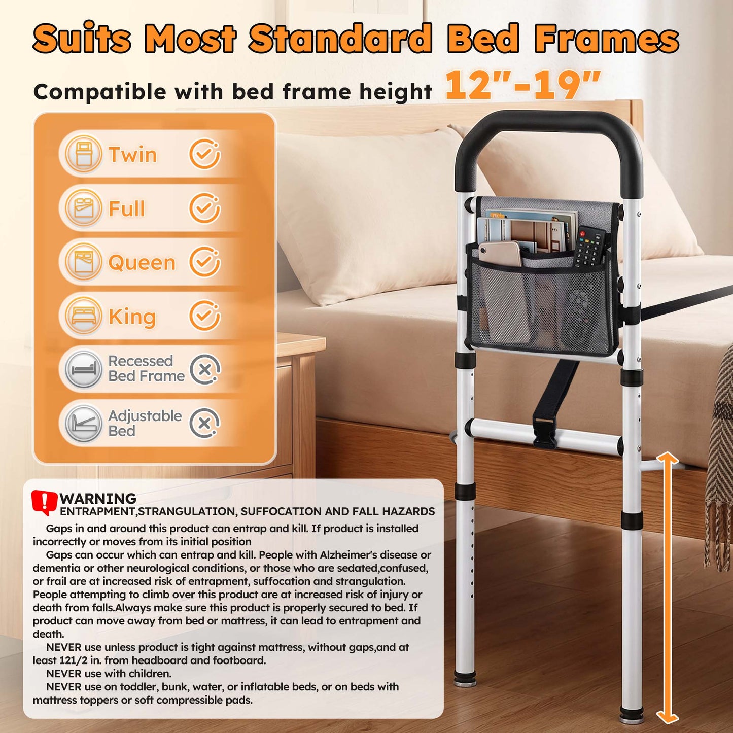 COSYWILL Adjustable Bed Rails for Adults, 330LB Bed Cane, Bed Assist Rails with Non-Slip Handle, Storage Pockets and Tool-Free Assembly