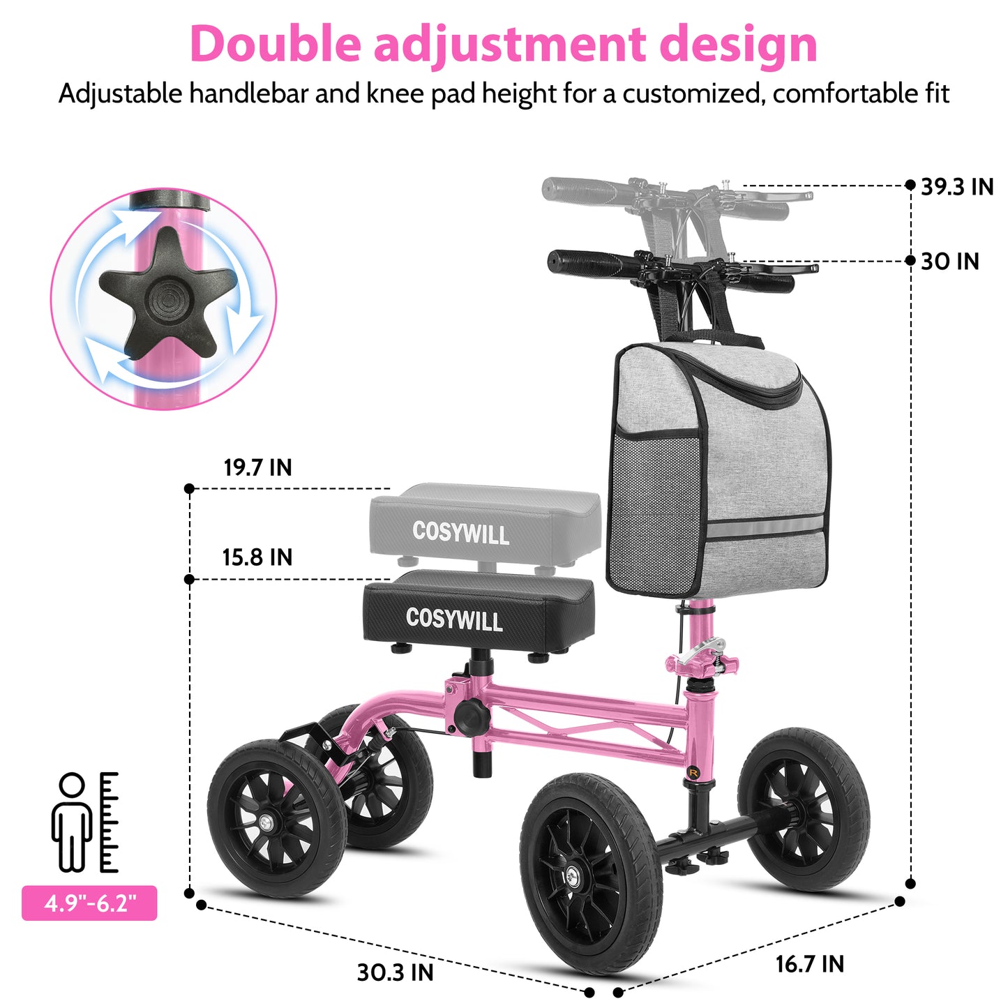 COSYWILL Knee Scooter,Economy Knee Walker with Dual Braking System,Foldable Scooter for Foot Injuries,Compact Crutches Alternative,Pink