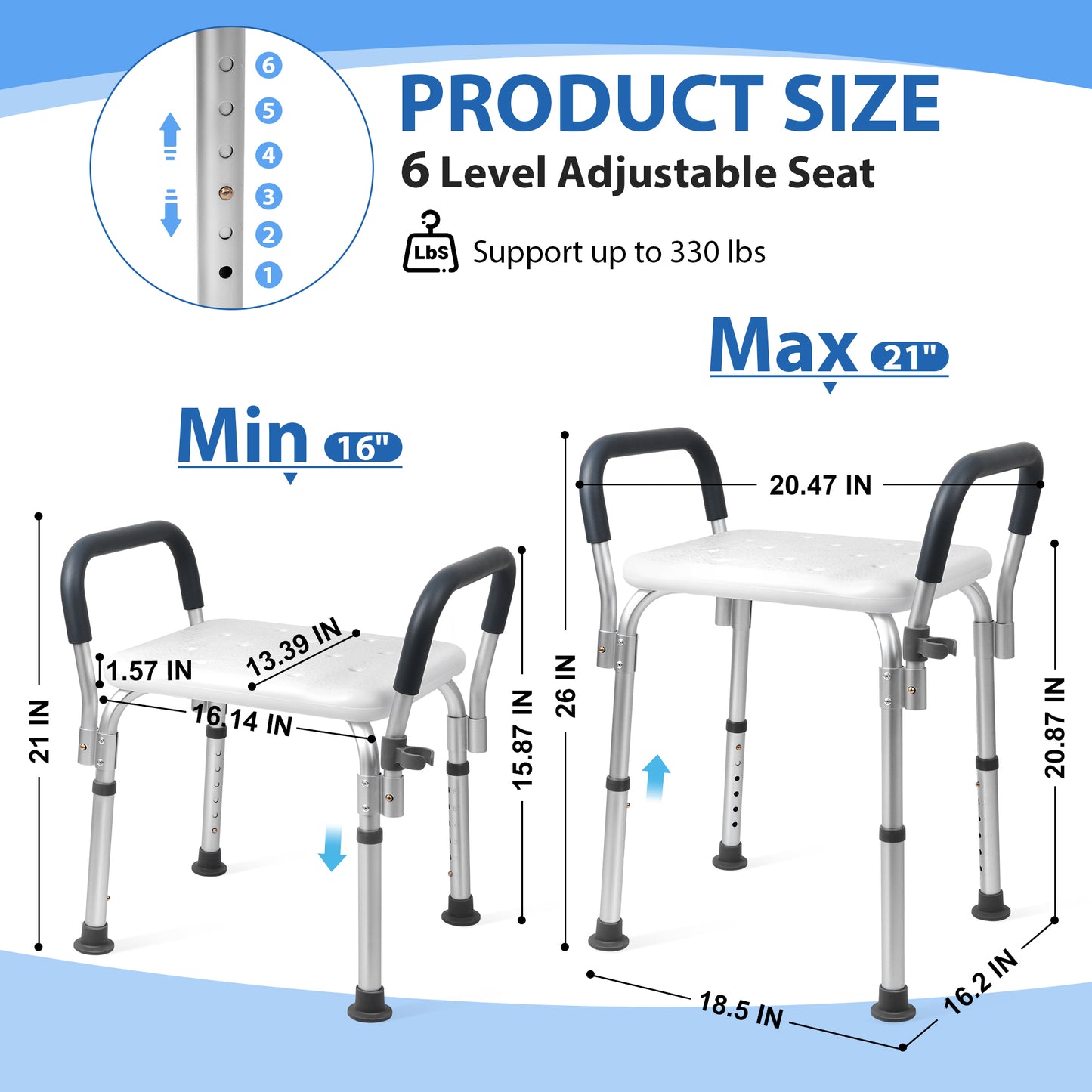 COSYWILL Shower Chair with Arms, Adjustable Height Bath Seat for inside shower or tub, Shower stools for Elderly, 330 lbs Capacity, Silver